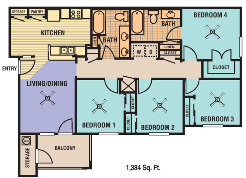 Floor plan for 4 beds, 2 baths, 1384 sqft